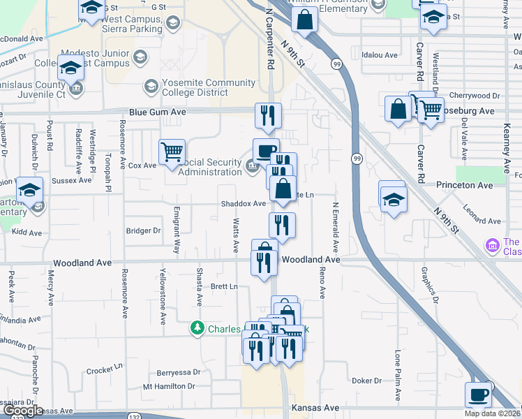 map of restaurants, bars, coffee shops, grocery stores, and more near 1616 Shaddox Avenue in Modesto