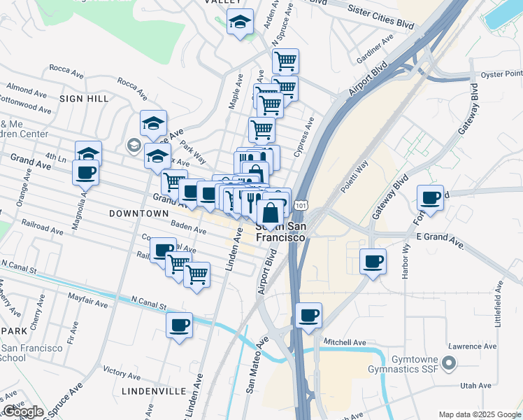 map of restaurants, bars, coffee shops, grocery stores, and more near 219 Miller Avenue in South San Francisco