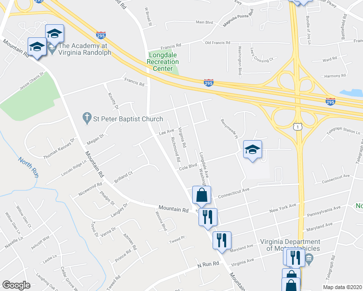 map of restaurants, bars, coffee shops, grocery stores, and more near 10140 Virginia Road in Glen Allen