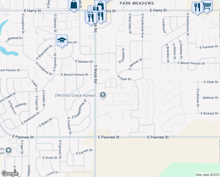 map of restaurants, bars, coffee shops, grocery stores, and more near 2020 South Webb Road in Wichita