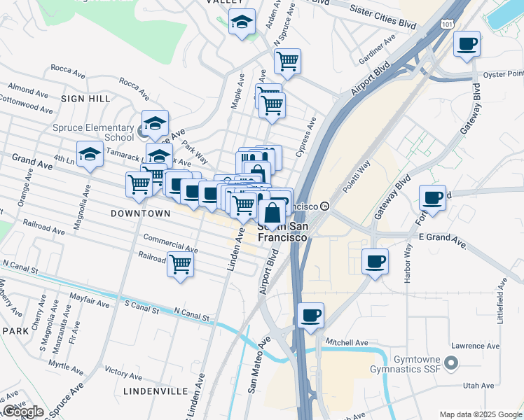 map of restaurants, bars, coffee shops, grocery stores, and more near 219 Miller Avenue in South San Francisco
