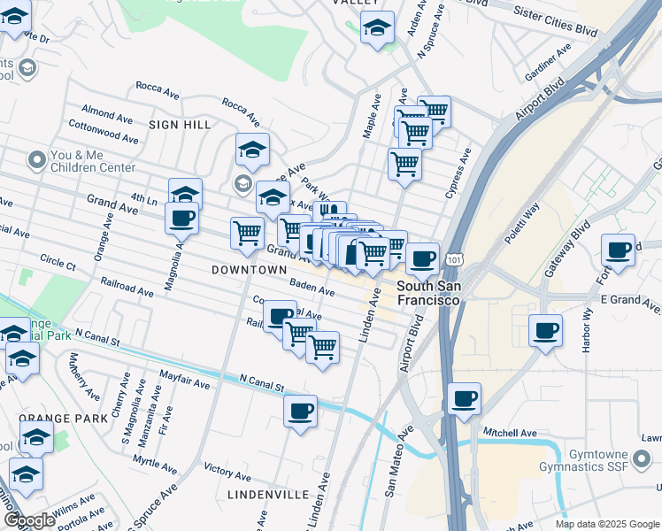 map of restaurants, bars, coffee shops, grocery stores, and more near Grand Avenue & Maple Avenue in South San Francisco