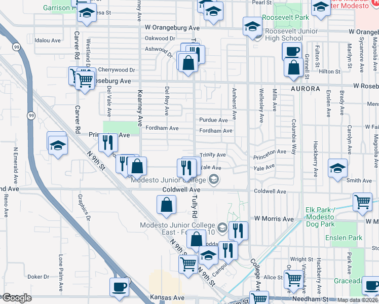 map of restaurants, bars, coffee shops, grocery stores, and more near 1302 Princeton Avenue in Modesto