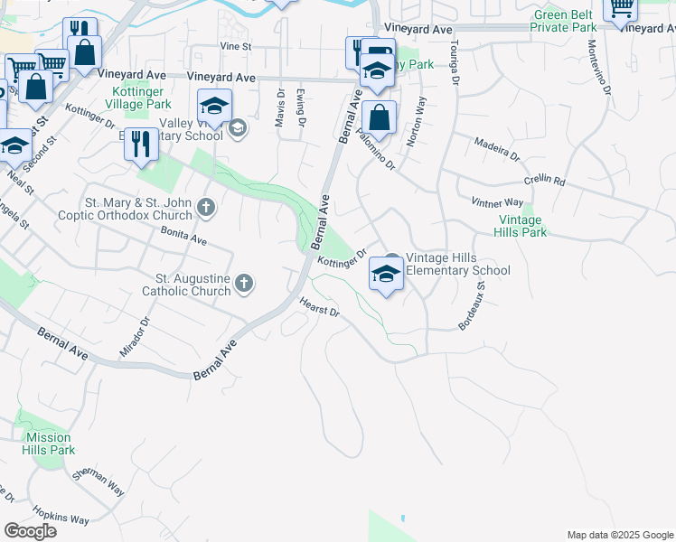 map of restaurants, bars, coffee shops, grocery stores, and more near 1121 Kottinger Drive in Pleasanton