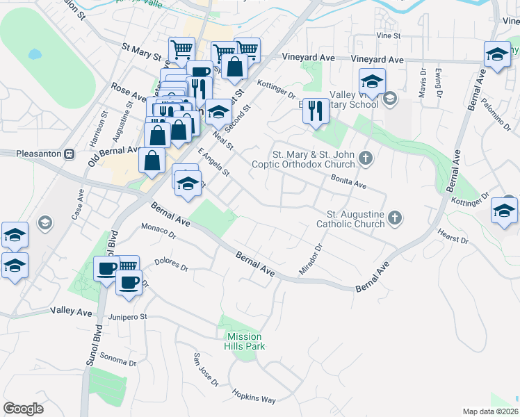 map of restaurants, bars, coffee shops, grocery stores, and more near 568 East Angela Street in Pleasanton