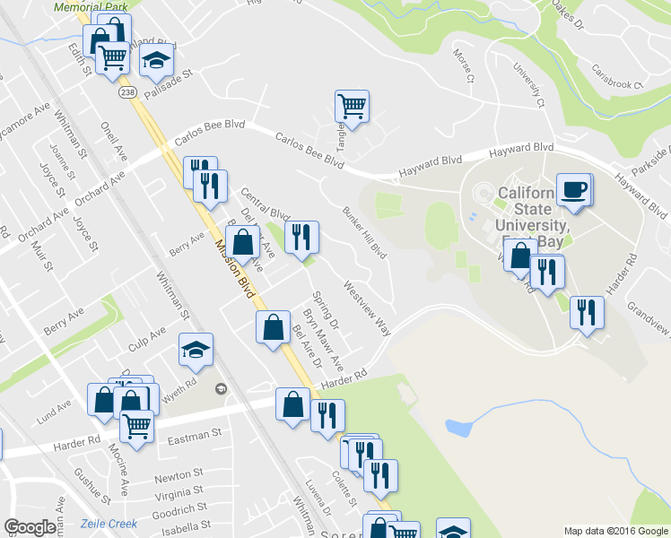 map of restaurants, bars, coffee shops, grocery stores, and more near 1088 Central Boulevard in Hayward