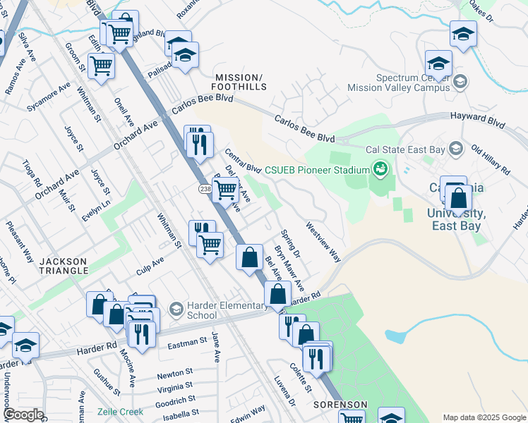 map of restaurants, bars, coffee shops, grocery stores, and more near 25546 Del Mar Avenue in Hayward