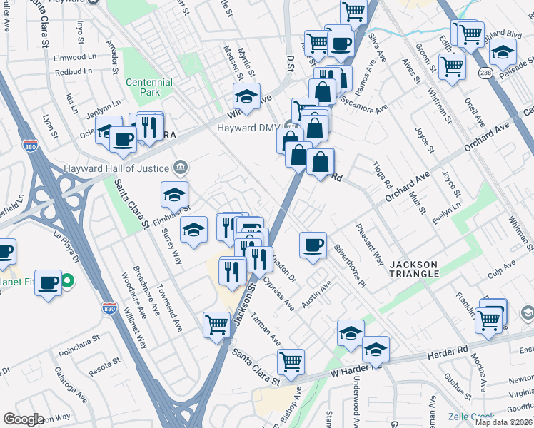 map of restaurants, bars, coffee shops, grocery stores, and more near 24512 Autumn Mist Way in Hayward
