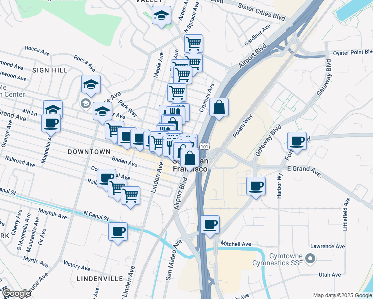 map of restaurants, bars, coffee shops, grocery stores, and more near 411 Airport Boulevard in South San Francisco