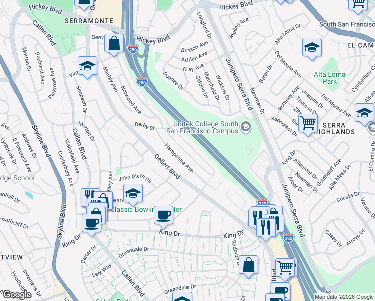 map of restaurants, bars, coffee shops, grocery stores, and more near 353 Barbara Lane in Daly City