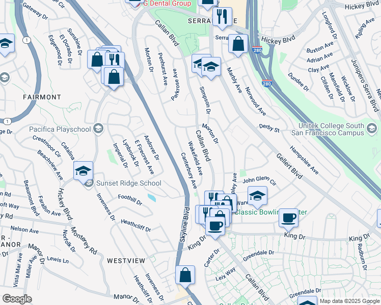 map of restaurants, bars, coffee shops, grocery stores, and more near 37 Wakefield Avenue in Daly City