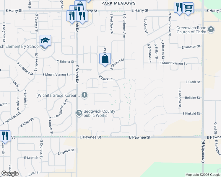map of restaurants, bars, coffee shops, grocery stores, and more near 2015 S Stoneybrook Ct in Wichita