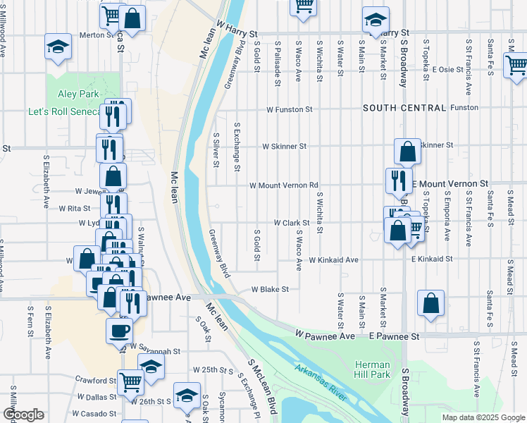 map of restaurants, bars, coffee shops, grocery stores, and more near 2032 South Gold Street in Wichita