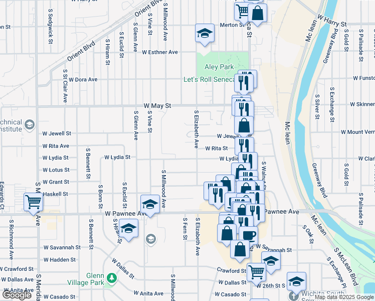 map of restaurants, bars, coffee shops, grocery stores, and more near 1444 West Rita Street in Wichita