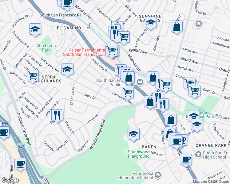 map of restaurants, bars, coffee shops, grocery stores, and more near 8 Chico Court in South San Francisco