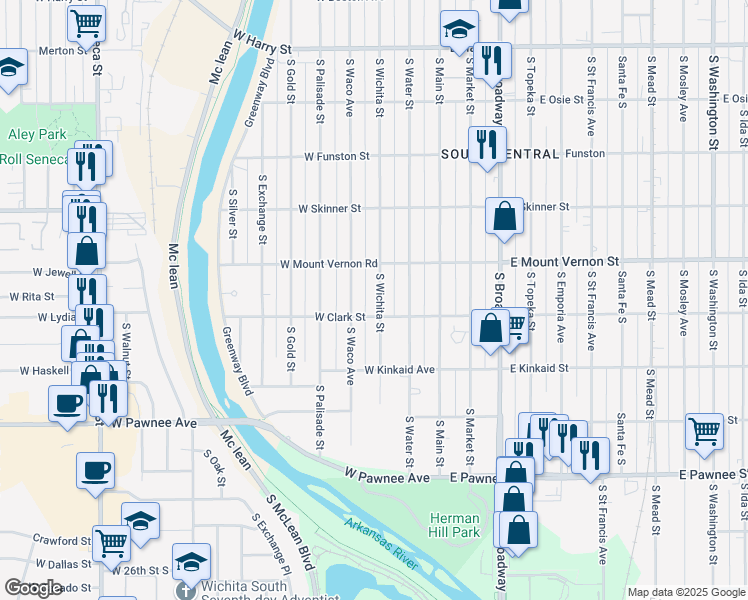 map of restaurants, bars, coffee shops, grocery stores, and more near 2041 South Wichita Street in Wichita