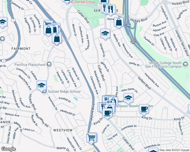 map of restaurants, bars, coffee shops, grocery stores, and more near 37 Wakefield Avenue in Daly City