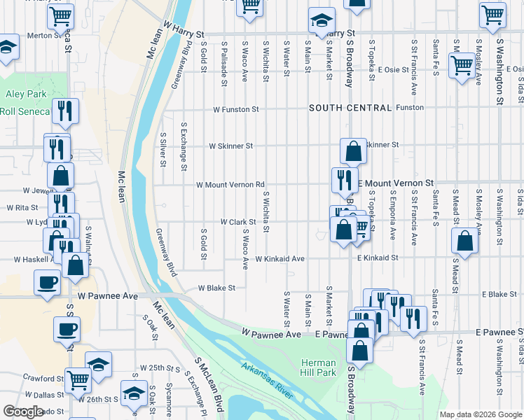 map of restaurants, bars, coffee shops, grocery stores, and more near 2041 South Wichita Street in Wichita