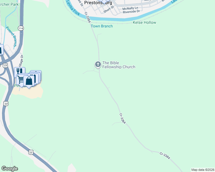 map of restaurants, bars, coffee shops, grocery stores, and more near 1274 Cr-3384 in Prestonsburg