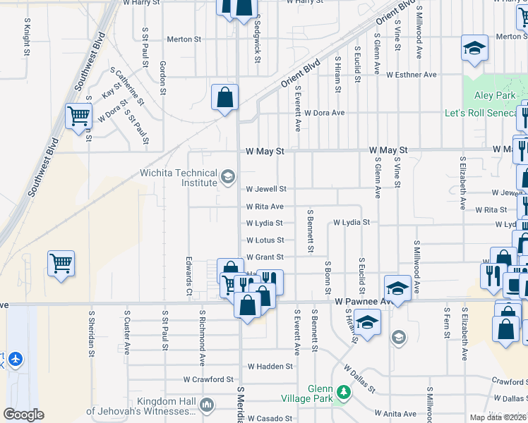 map of restaurants, bars, coffee shops, grocery stores, and more near 2327 West Rita Avenue in Wichita