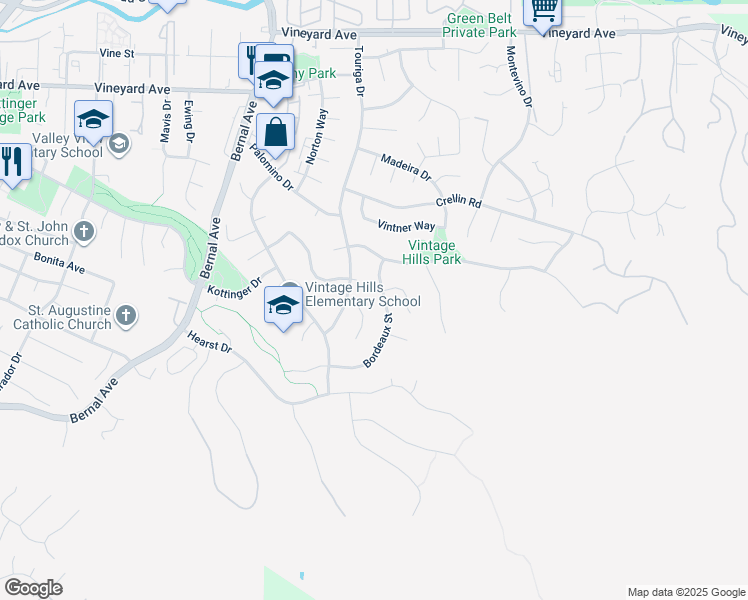 map of restaurants, bars, coffee shops, grocery stores, and more near 3446 Bordeaux Place in Pleasanton