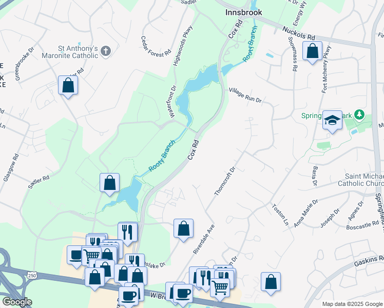 map of restaurants, bars, coffee shops, grocery stores, and more near 4311 Cox Road in Glen Allen