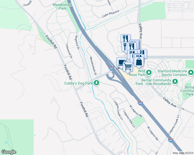 map of restaurants, bars, coffee shops, grocery stores, and more near 1210 Meadowlark Drive in Pleasanton