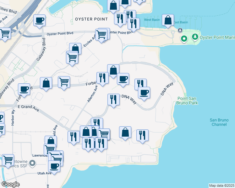 map of restaurants, bars, coffee shops, grocery stores, and more near 380 DNA Way in South San Francisco