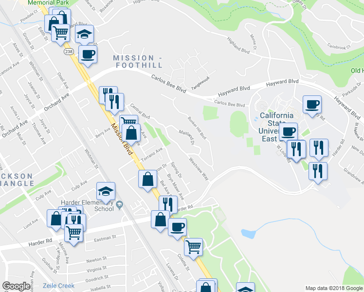 map of restaurants, bars, coffee shops, grocery stores, and more near 1088 Central Boulevard in Hayward