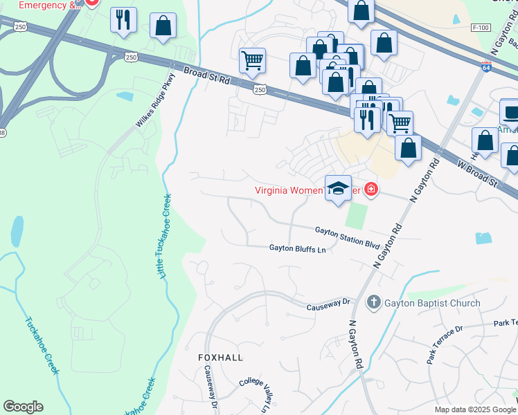 map of restaurants, bars, coffee shops, grocery stores, and more near 12433 Gayton Station Boulevard in Richmond