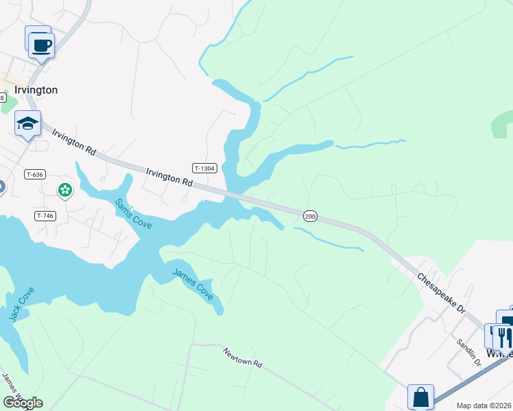 map of restaurants, bars, coffee shops, grocery stores, and more near 5318 Irvington Road in White Stone