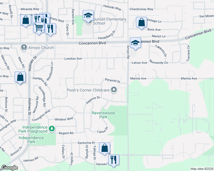 map of restaurants, bars, coffee shops, grocery stores, and more near 2340 Victoria Court in Livermore