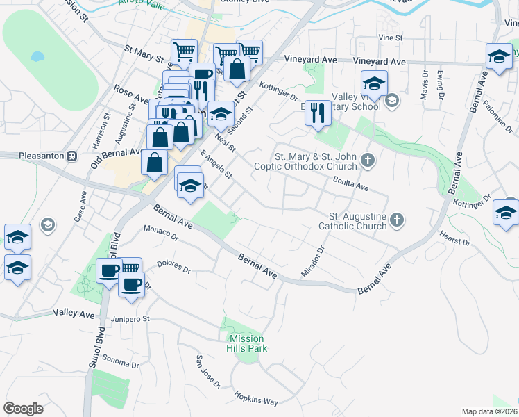 map of restaurants, bars, coffee shops, grocery stores, and more near 568 East Angela Street in Pleasanton