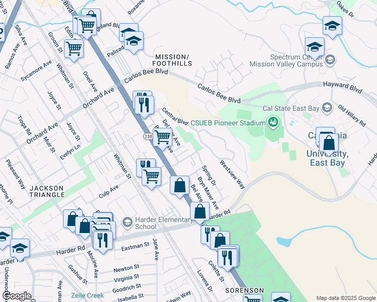 map of restaurants, bars, coffee shops, grocery stores, and more near 25546 Del Mar Avenue in Hayward