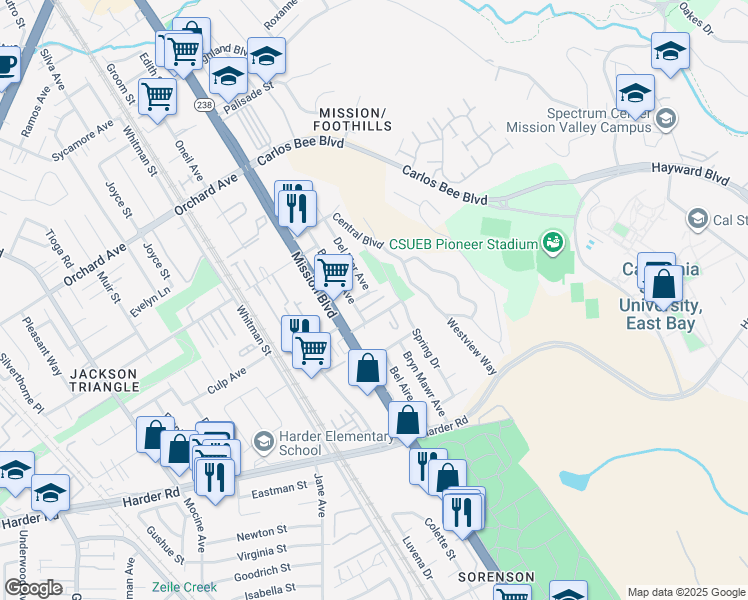 map of restaurants, bars, coffee shops, grocery stores, and more near 25546 Del Mar Avenue in Hayward