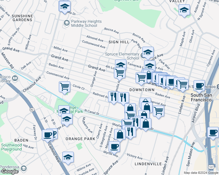 map of restaurants, bars, coffee shops, grocery stores, and more near 621 2nd Lane in South San Francisco