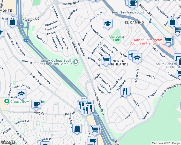 map of restaurants, bars, coffee shops, grocery stores, and more near 260 San Felipe Avenue in South San Francisco
