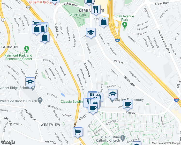 map of restaurants, bars, coffee shops, grocery stores, and more near 244 Morton Drive in Daly City