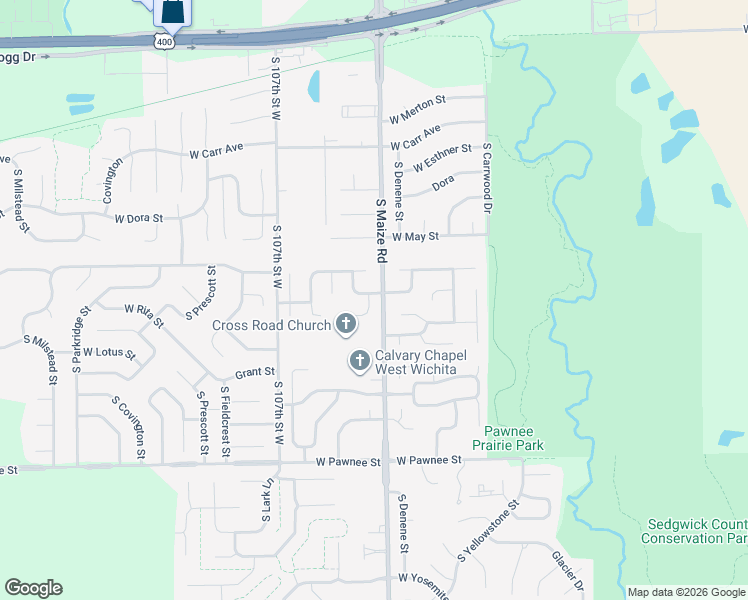 map of restaurants, bars, coffee shops, grocery stores, and more near 10401-10499 W Rita St in Wichita