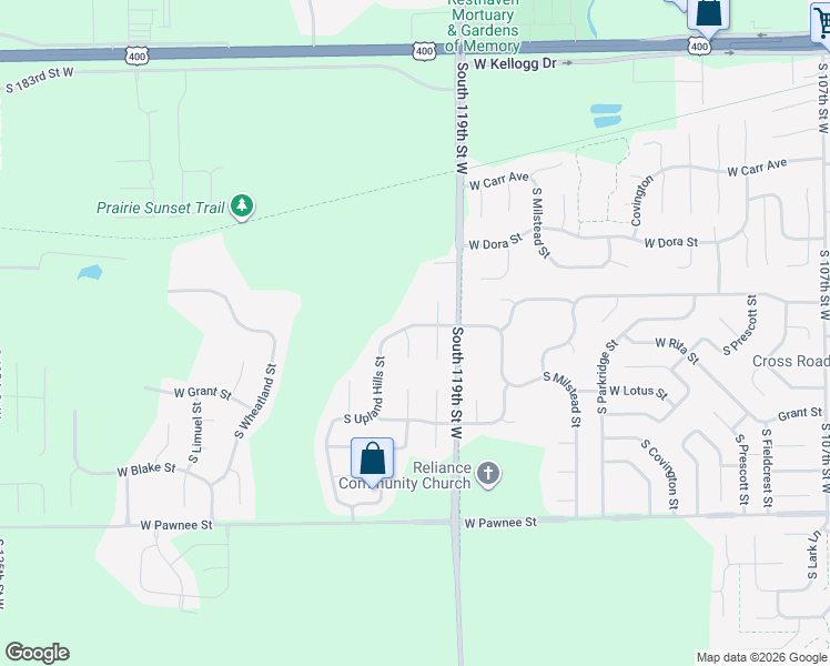 map of restaurants, bars, coffee shops, grocery stores, and more near 12049 West Jewell Court in Wichita
