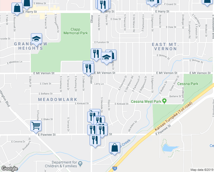 map of restaurants, bars, coffee shops, grocery stores, and more near 5021 Larry Lane in Wichita
