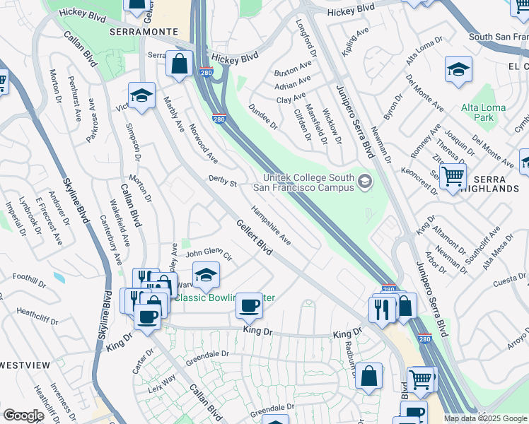 map of restaurants, bars, coffee shops, grocery stores, and more near 59 Hampshire Avenue in Daly City