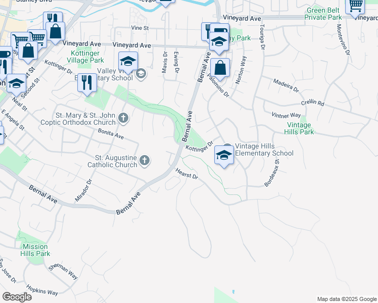 map of restaurants, bars, coffee shops, grocery stores, and more near 1121 Kottinger Drive in Pleasanton