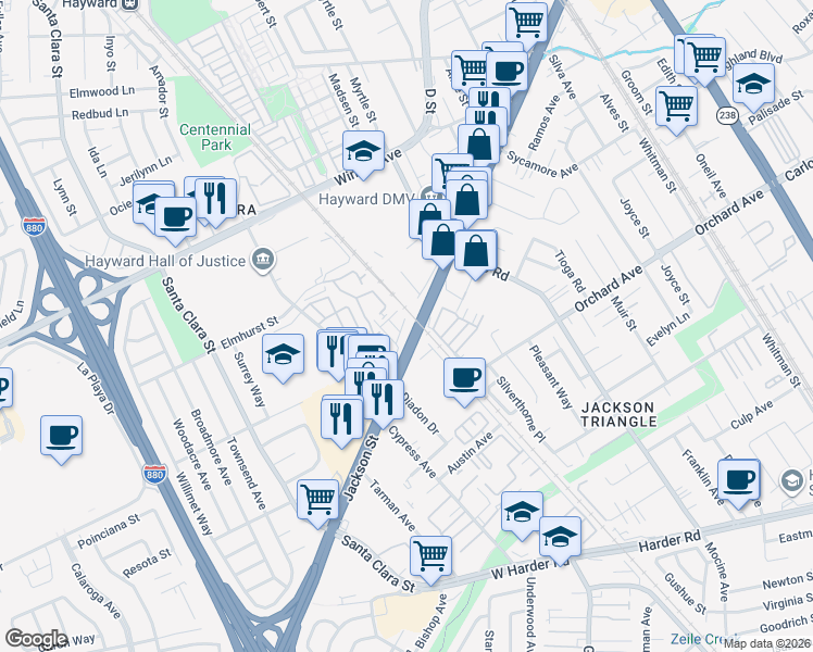 map of restaurants, bars, coffee shops, grocery stores, and more near 229 Spring Harvest Road in Hayward