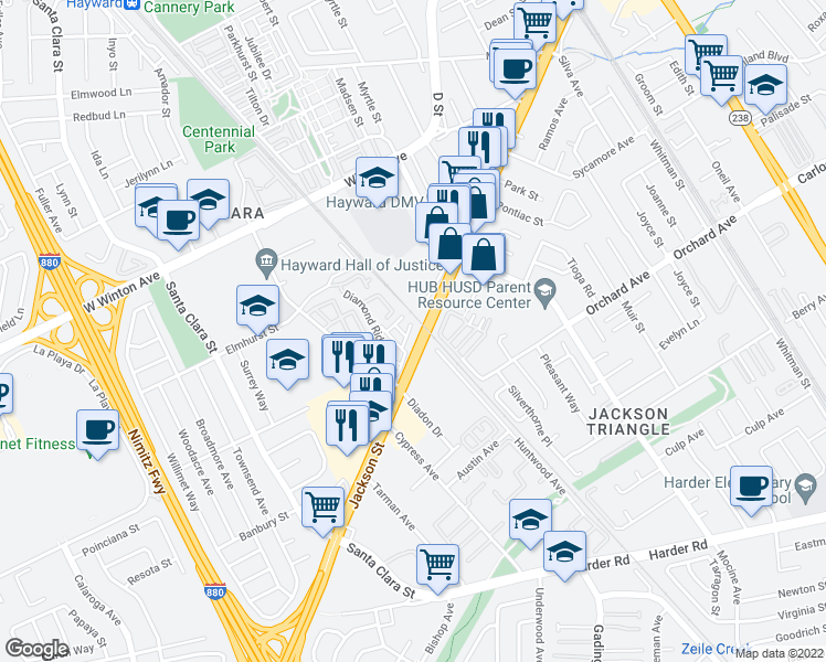 map of restaurants, bars, coffee shops, grocery stores, and more near 213 Spring Harvest Road in Hayward