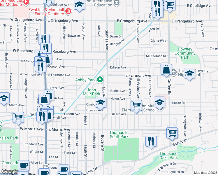 map of restaurants, bars, coffee shops, grocery stores, and more near 910 Sunrise Avenue in Modesto