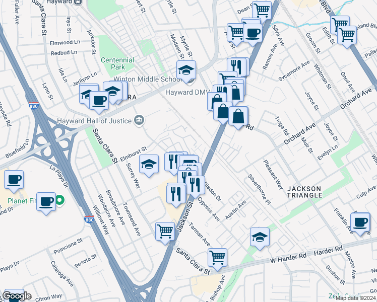 map of restaurants, bars, coffee shops, grocery stores, and more near 73 Fernridge Court in Hayward