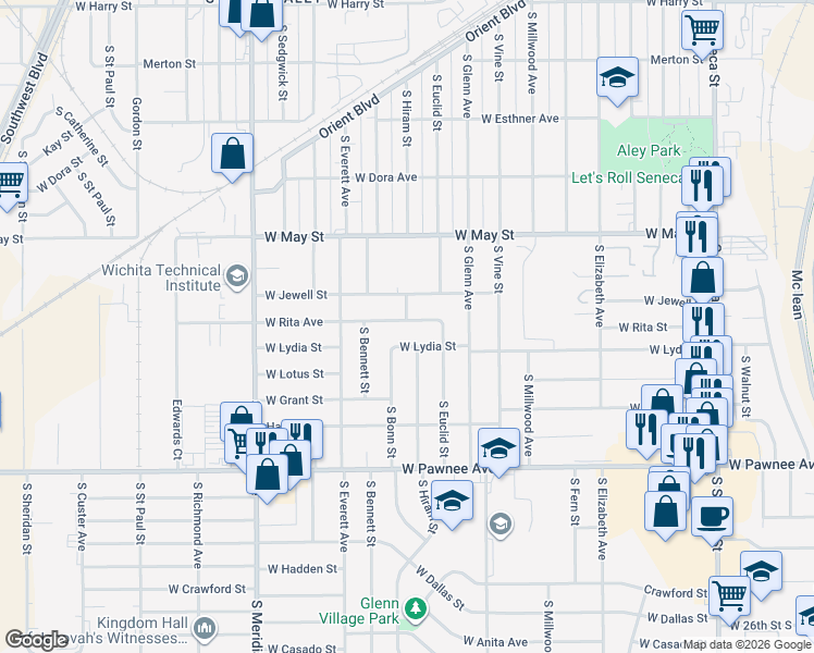map of restaurants, bars, coffee shops, grocery stores, and more near 1937 West Rita Avenue in Wichita