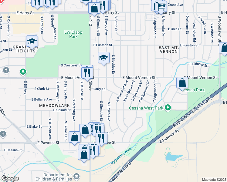 map of restaurants, bars, coffee shops, grocery stores, and more near 5119 Gramar Street in Wichita