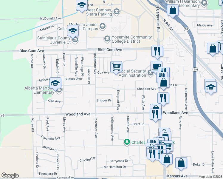 map of restaurants, bars, coffee shops, grocery stores, and more near 2000 Shaddox Avenue in Modesto